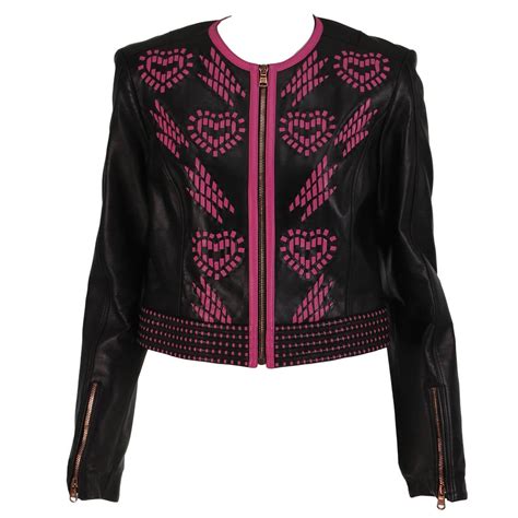 versace pink jacket black fur|versace black leather jacket.